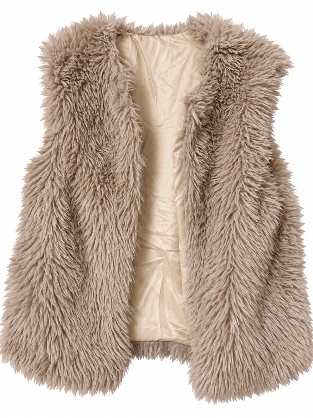Women’s Khaki Shaggy Faux Fur Vest Size M Open Front Boho Y2K